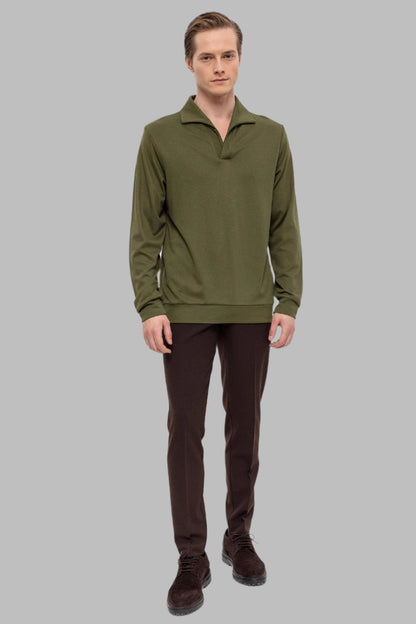 Men's Green Camp Collar Regular Fit Long Sleeve Sweater