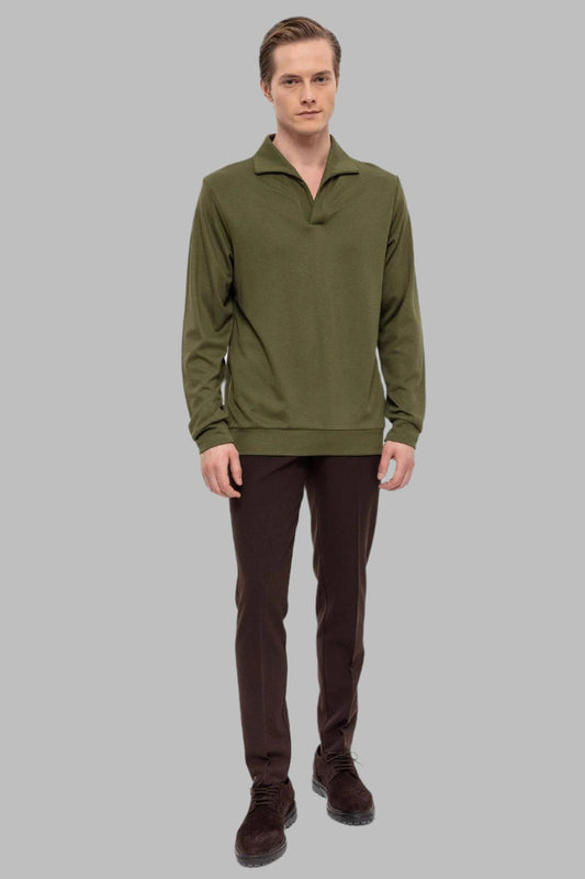 Men's Green Camp Collar Regular Fit Long Sleeve Sweater