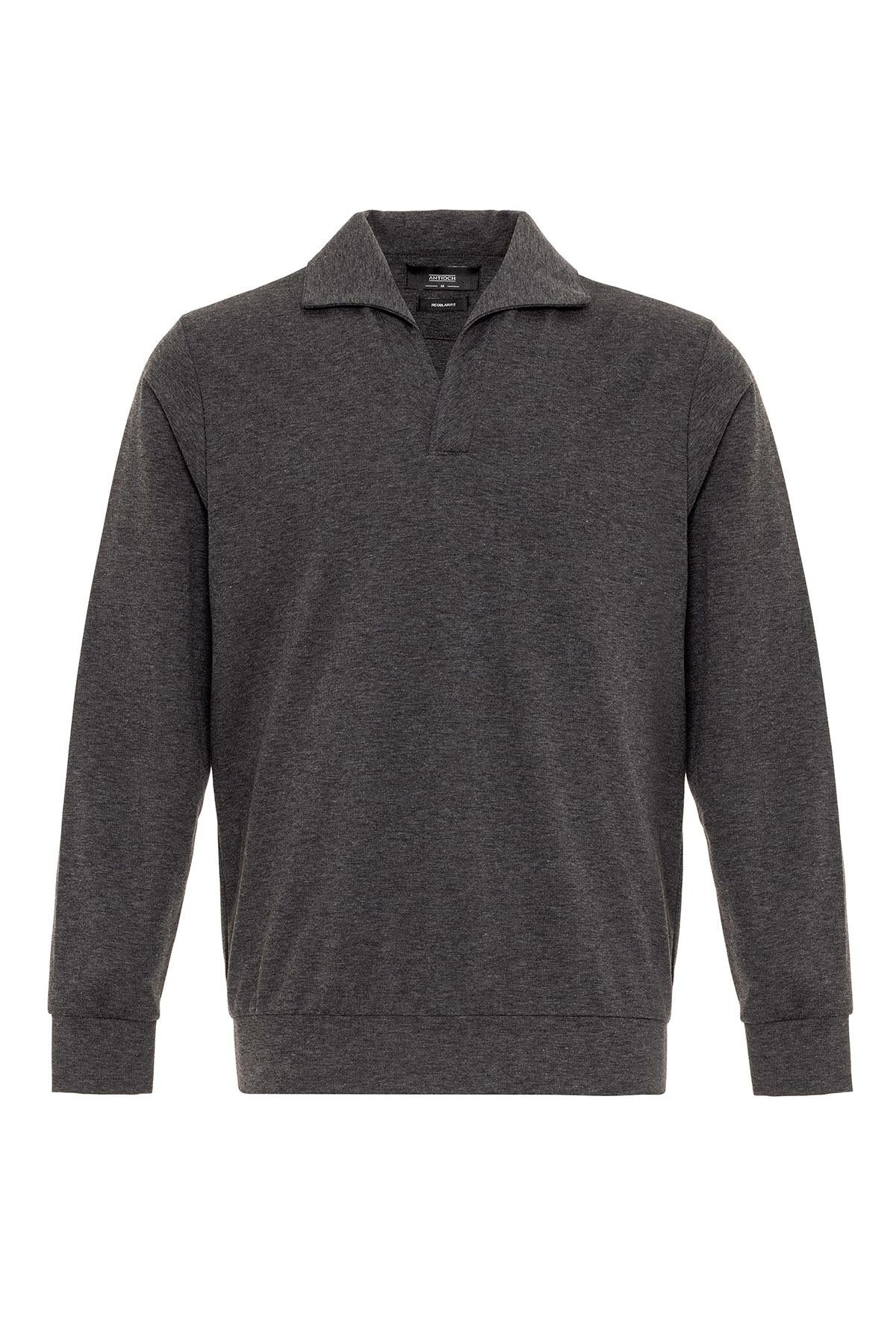 Men's Anthracite Camp Collar Regular Fit Long Sleeve Sweater