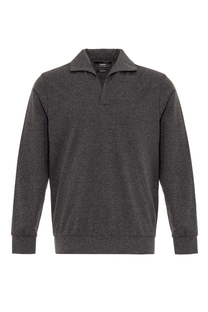 Men's Anthracite Camp Collar Regular Fit Long Sleeve Sweater