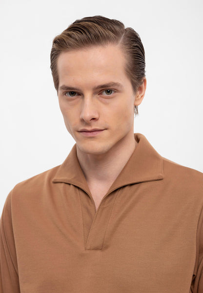 Men's Tan Camp Collar Regular Fit Long Sleeve Sweater