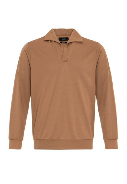 Men's Tan Camp Collar Regular Fit Long Sleeve Sweater