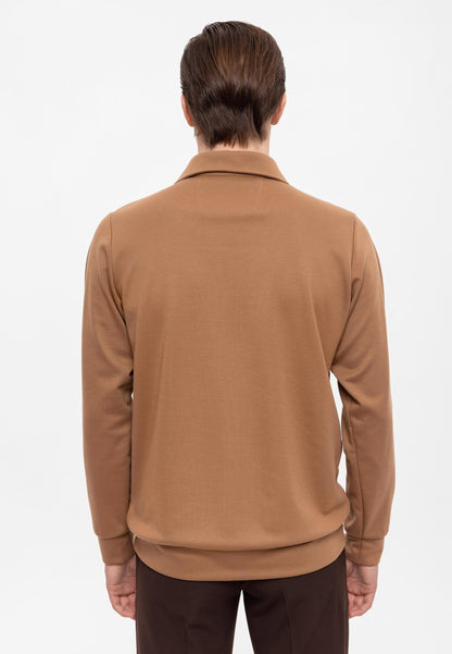 Men's Tan Camp Collar Regular Fit Long Sleeve Sweater