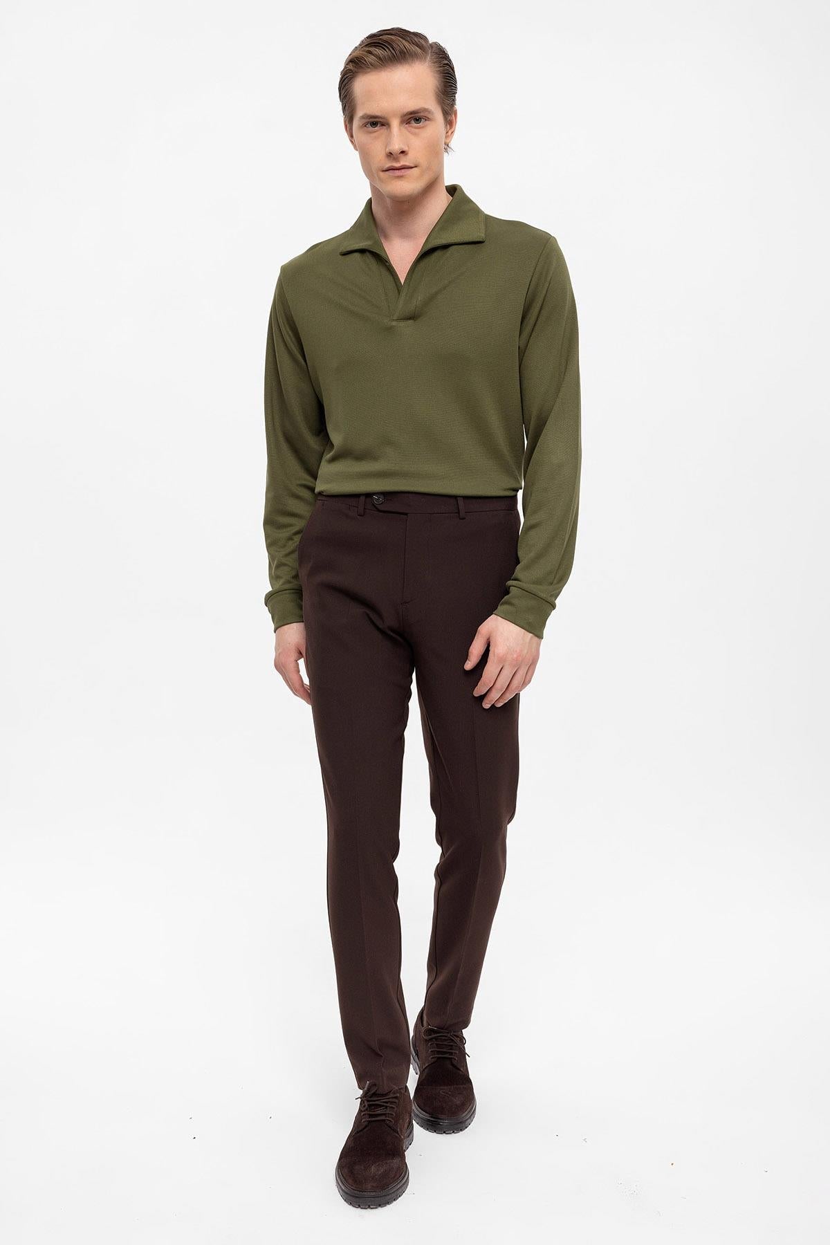 Men's Green Camp Collar Regular Fit Long Sleeve Sweater