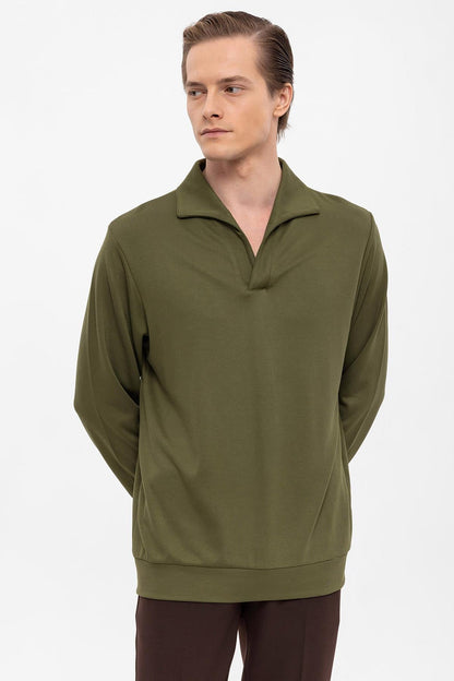 Men's Green Camp Collar Regular Fit Long Sleeve Sweater