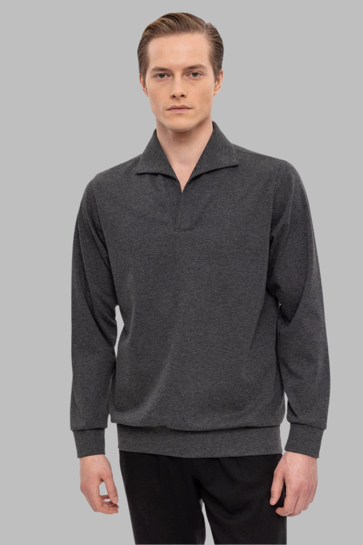 Men's Anthracite Camp Collar Regular Fit Long Sleeve Sweater