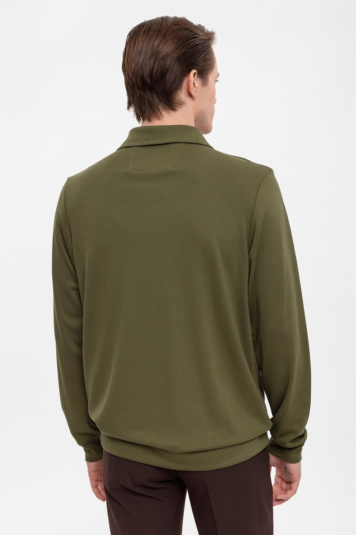 Men's Green Camp Collar Regular Fit Long Sleeve Sweater