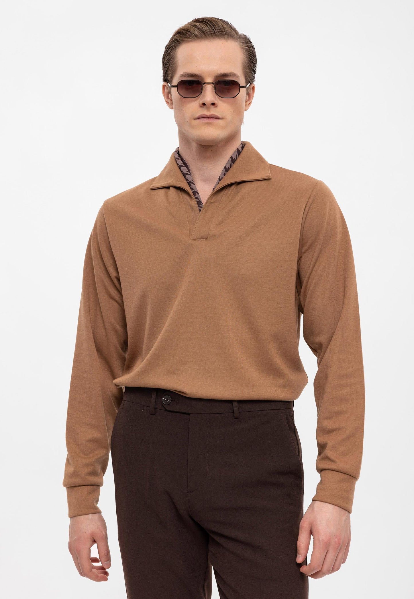 Men's Tan Camp Collar Regular Fit Long Sleeve Sweater