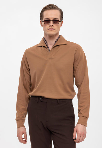 Men's Tan Camp Collar Regular Fit Long Sleeve Sweater