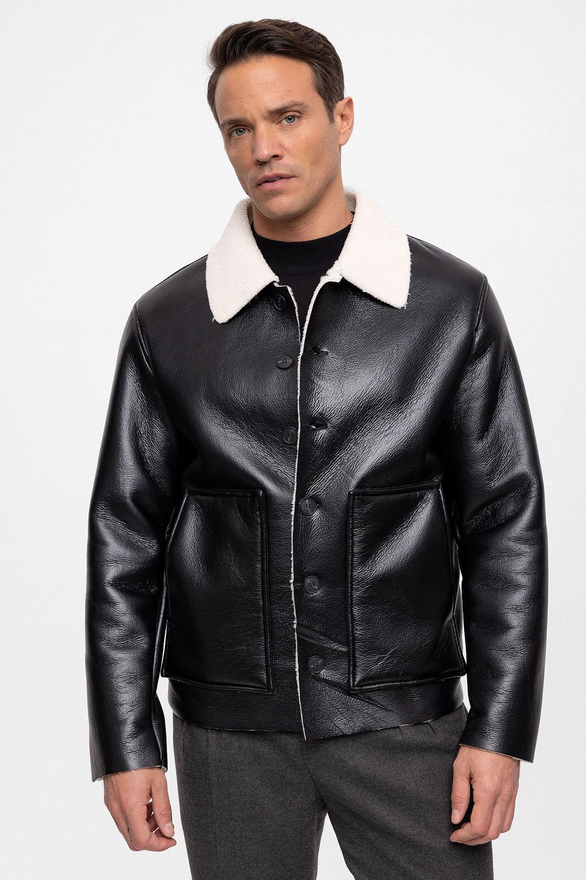 Men's Black/Ecru Lining Detailed Faux Leather Coat
