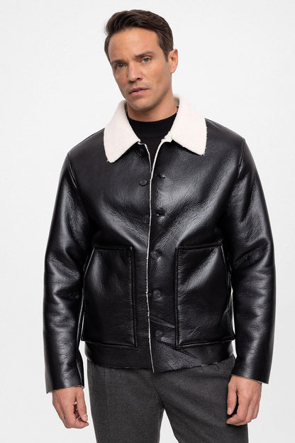 Men's Black/Ecru Lining Detailed Faux Leather Coat