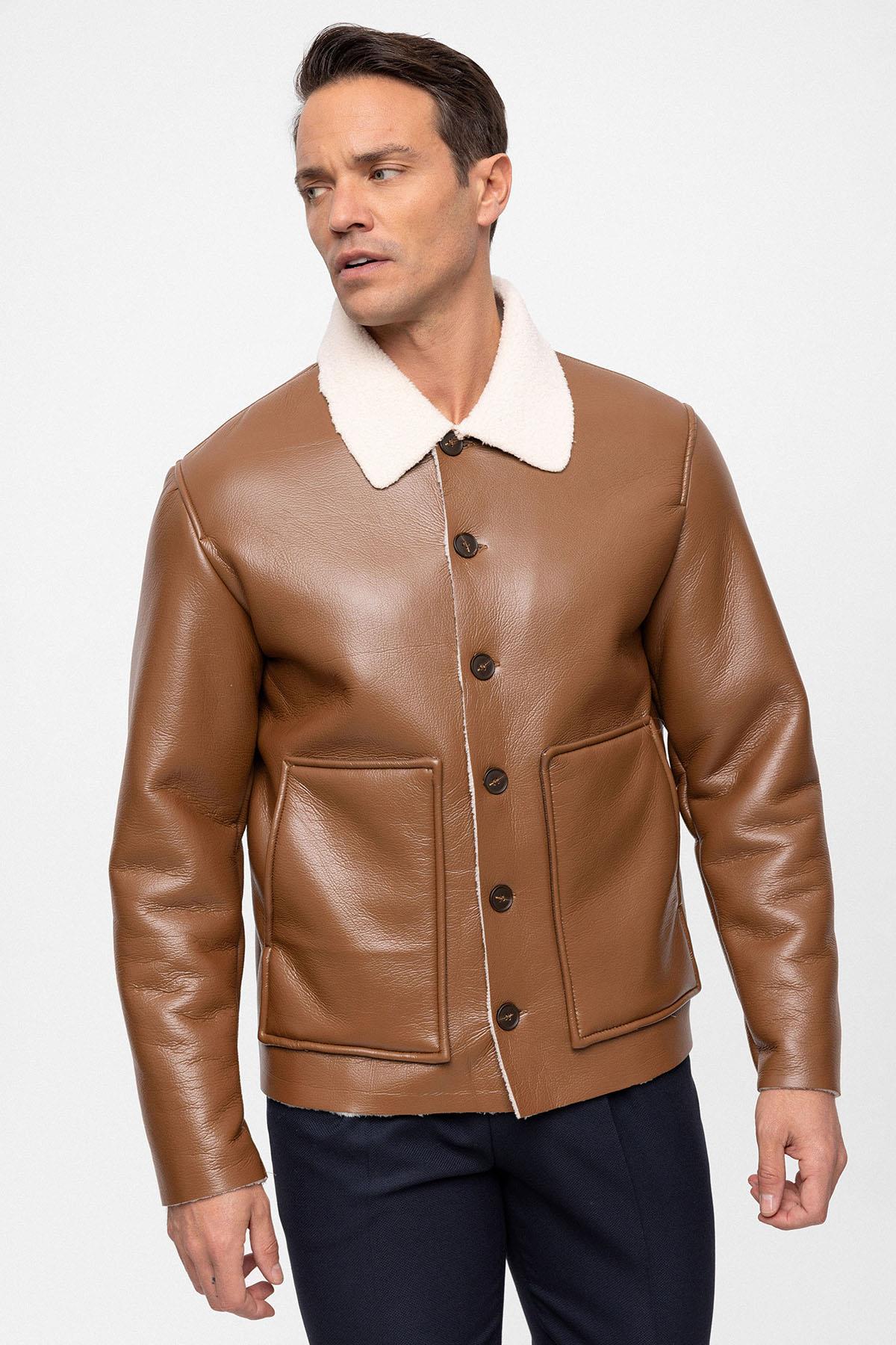 Men's Camel Lining Detailed Faux Leather Coat