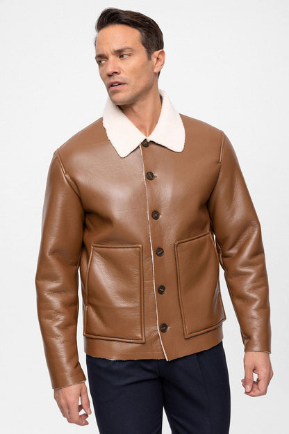 Men's Camel Lining Detailed Faux Leather Coat