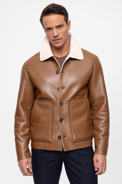 Men's Camel Lining Detailed Faux Leather Coat
