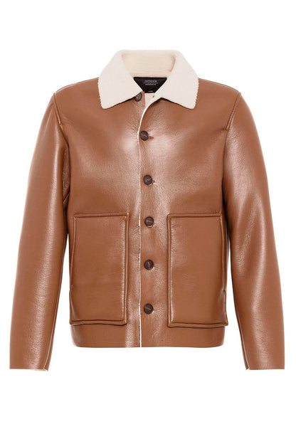 Men's Camel Lining Detailed Faux Leather Coat