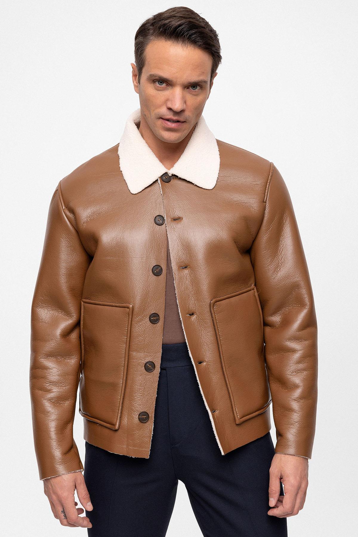 Men's Camel Lining Detailed Faux Leather Coat