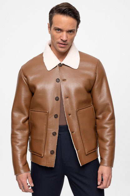 Men's Camel Lining Detailed Faux Leather Coat