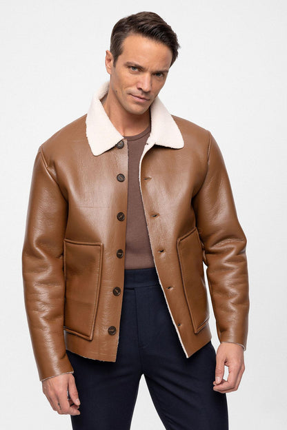 Men's Camel Lining Detailed Faux Leather Coat