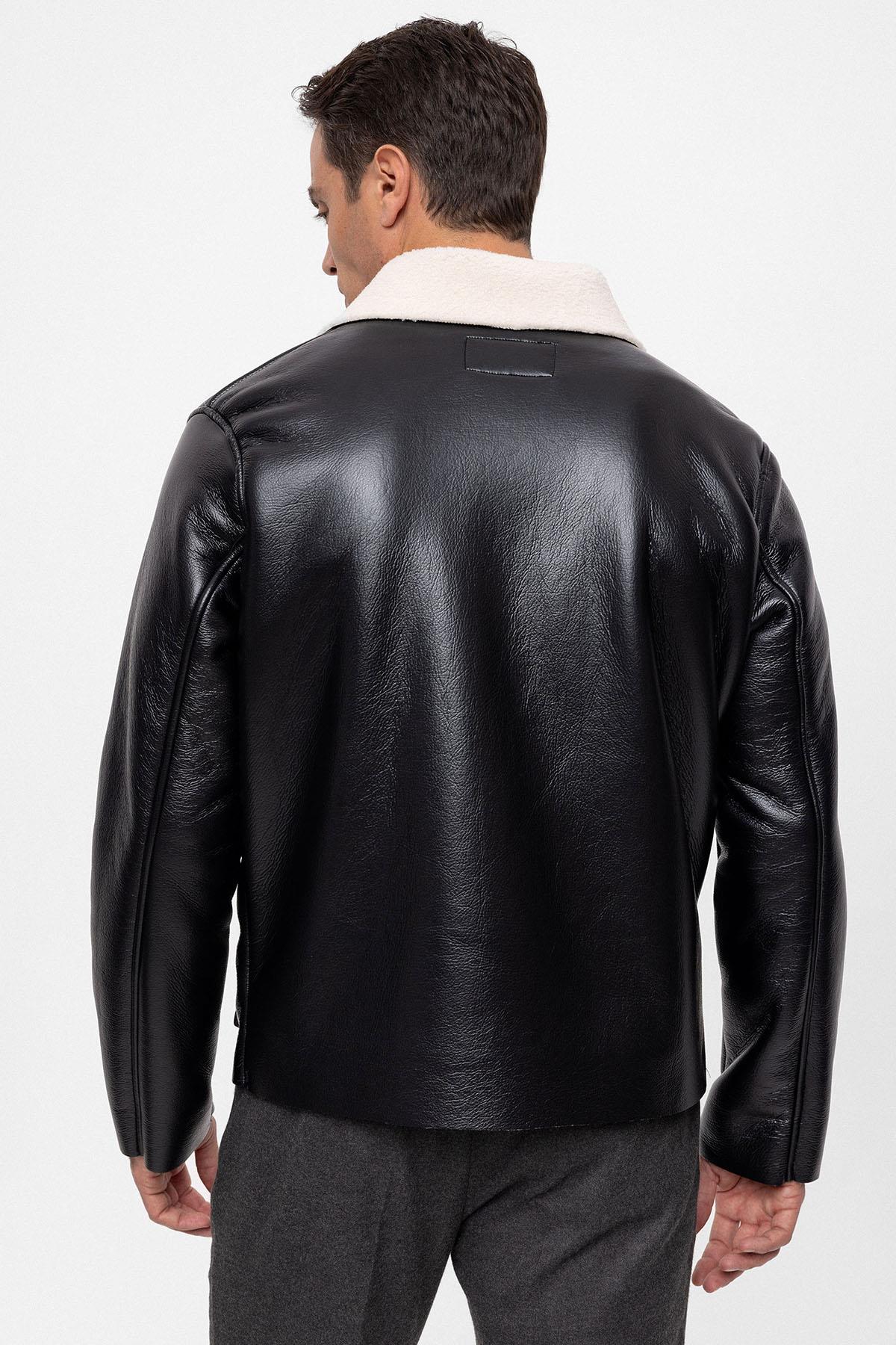 Men's Black/Ecru Lining Detailed Faux Leather Coat