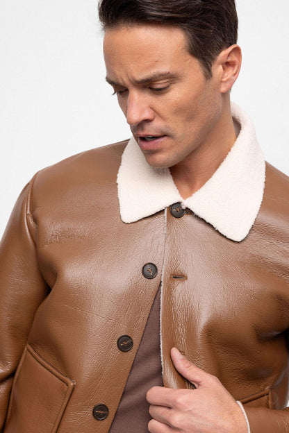 Men's Camel Lining Detailed Faux Leather Coat