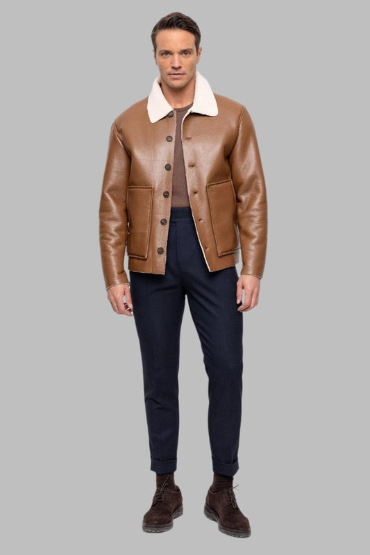 Men's Camel Lining Detailed Faux Leather Coat