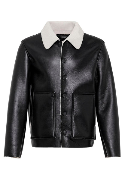 Men's Black/Ecru Lining Detailed Faux Leather Coat
