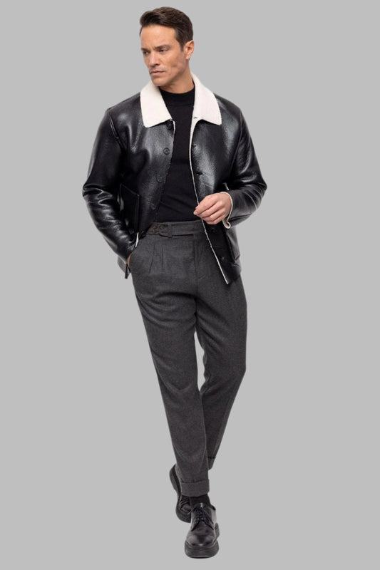 Men's Black/Ecru Lining Detailed Faux Leather Coat