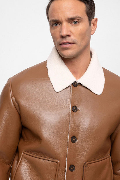 Men's Camel Lining Detailed Faux Leather Coat