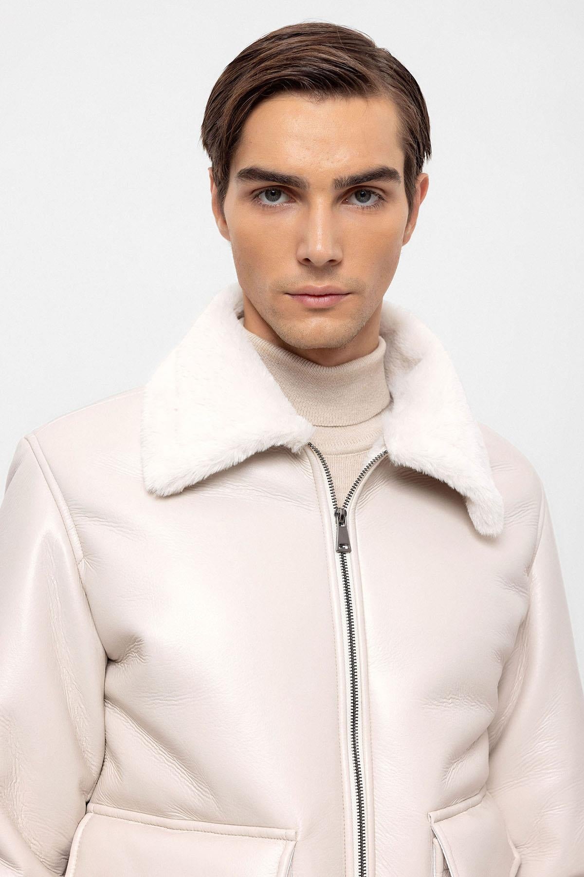 Men's Ecru Lining Detailed Faux Leather Coat