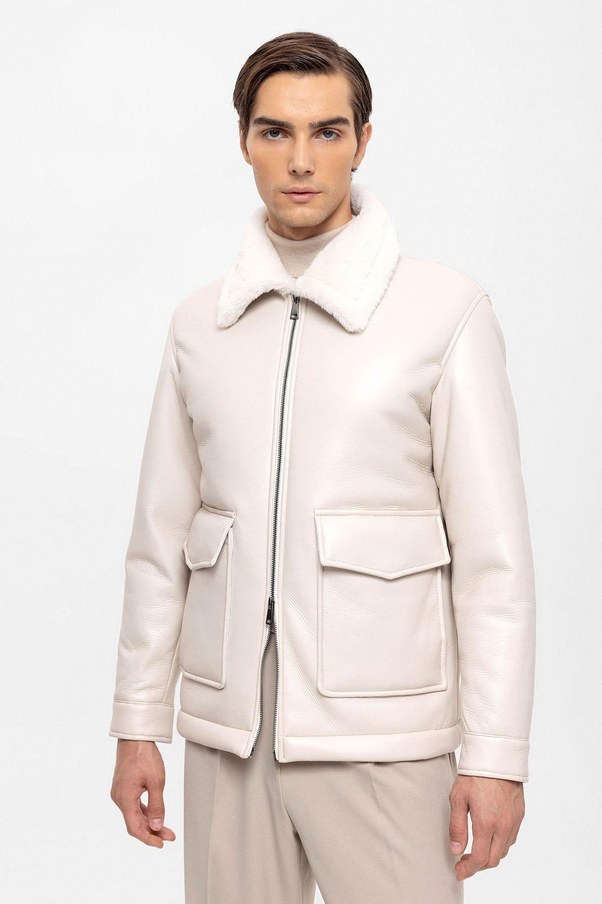 Men's Ecru Lining Detailed Faux Leather Coat