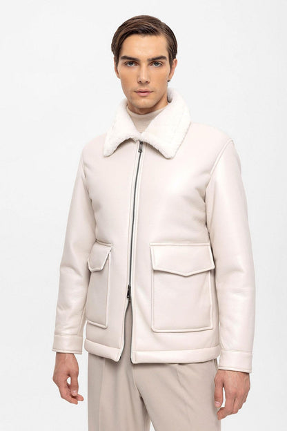 Men's Ecru Lining Detailed Faux Leather Coat
