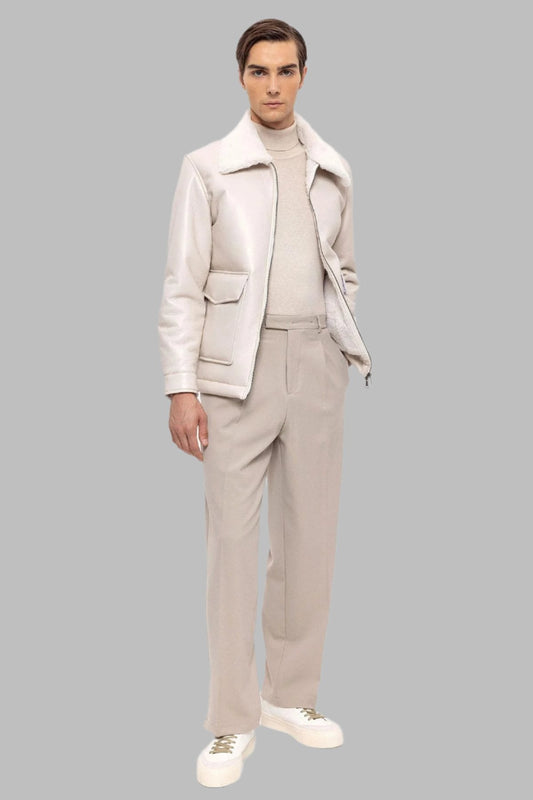 Men's Ecru Lining Detailed Faux Leather Coat