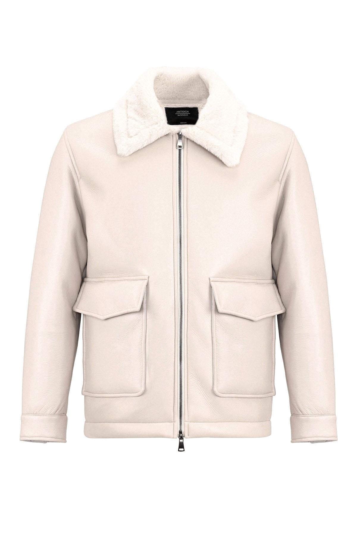 Men's Ecru Lining Detailed Faux Leather Coat