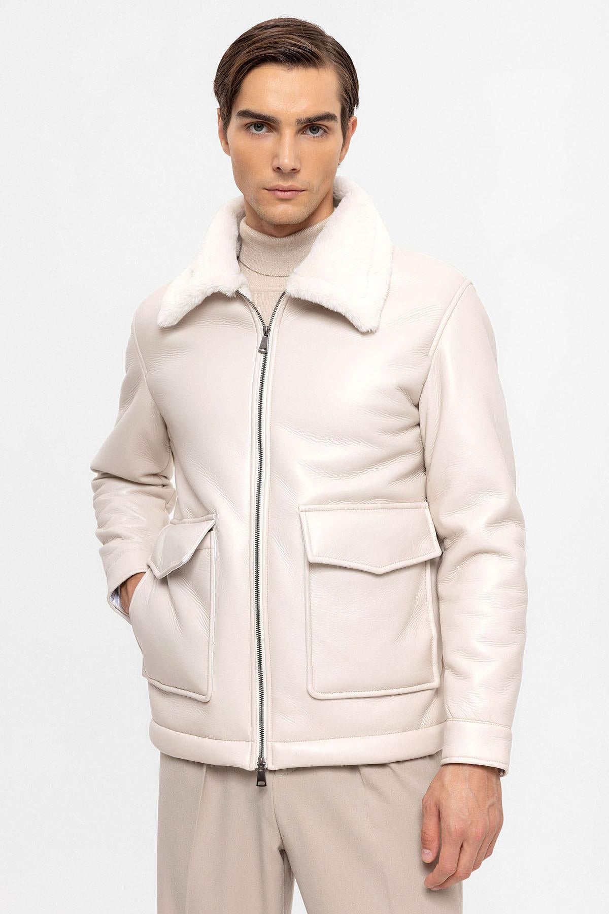 Men's Ecru Lining Detailed Faux Leather Coat