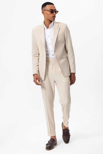 Men's Beige Plain Single-Button Blazer
