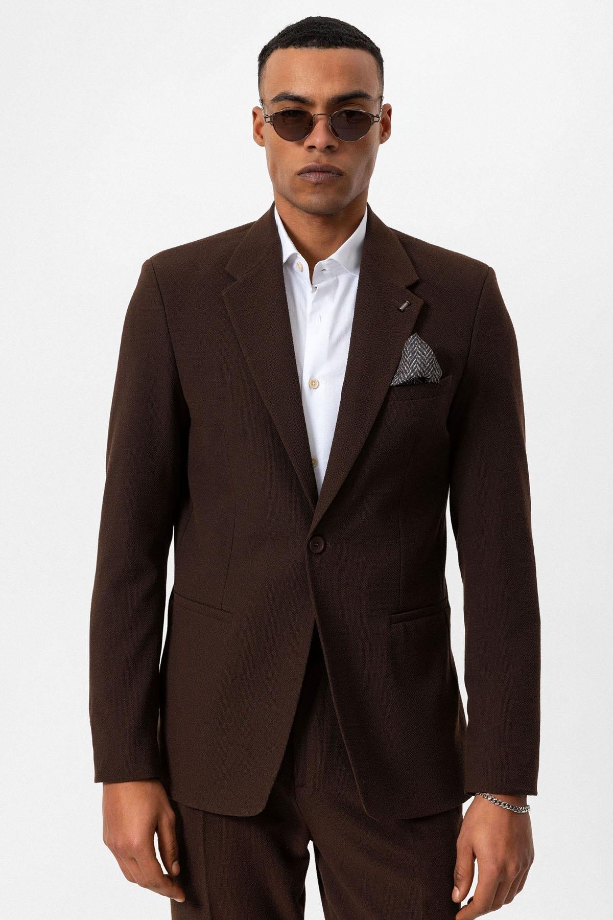 Men's Brown Plain Single-Button Blazer