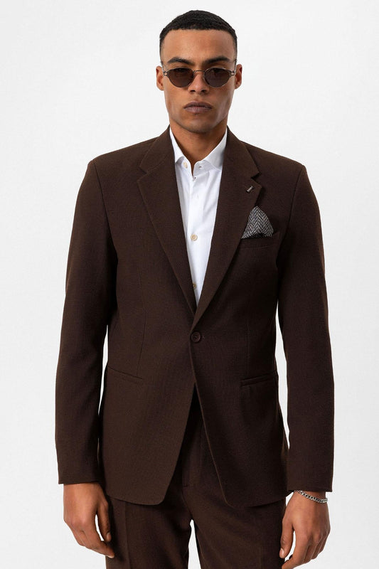 Men's Brown Plain Single-Button Blazer