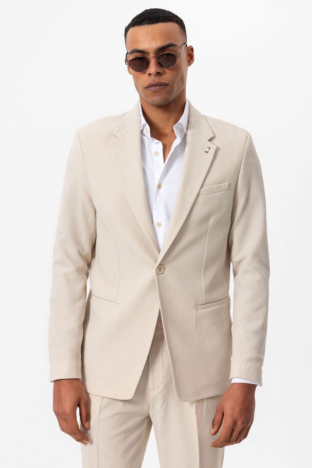 Men's Beige Plain Single-Button Blazer