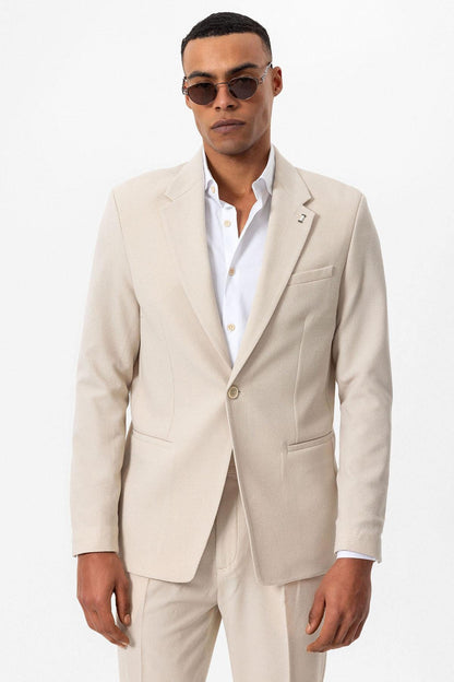 Men's Beige Plain Single-Button Blazer