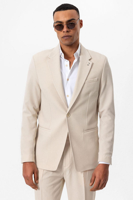 Men's Beige Plain Single-Button Blazer