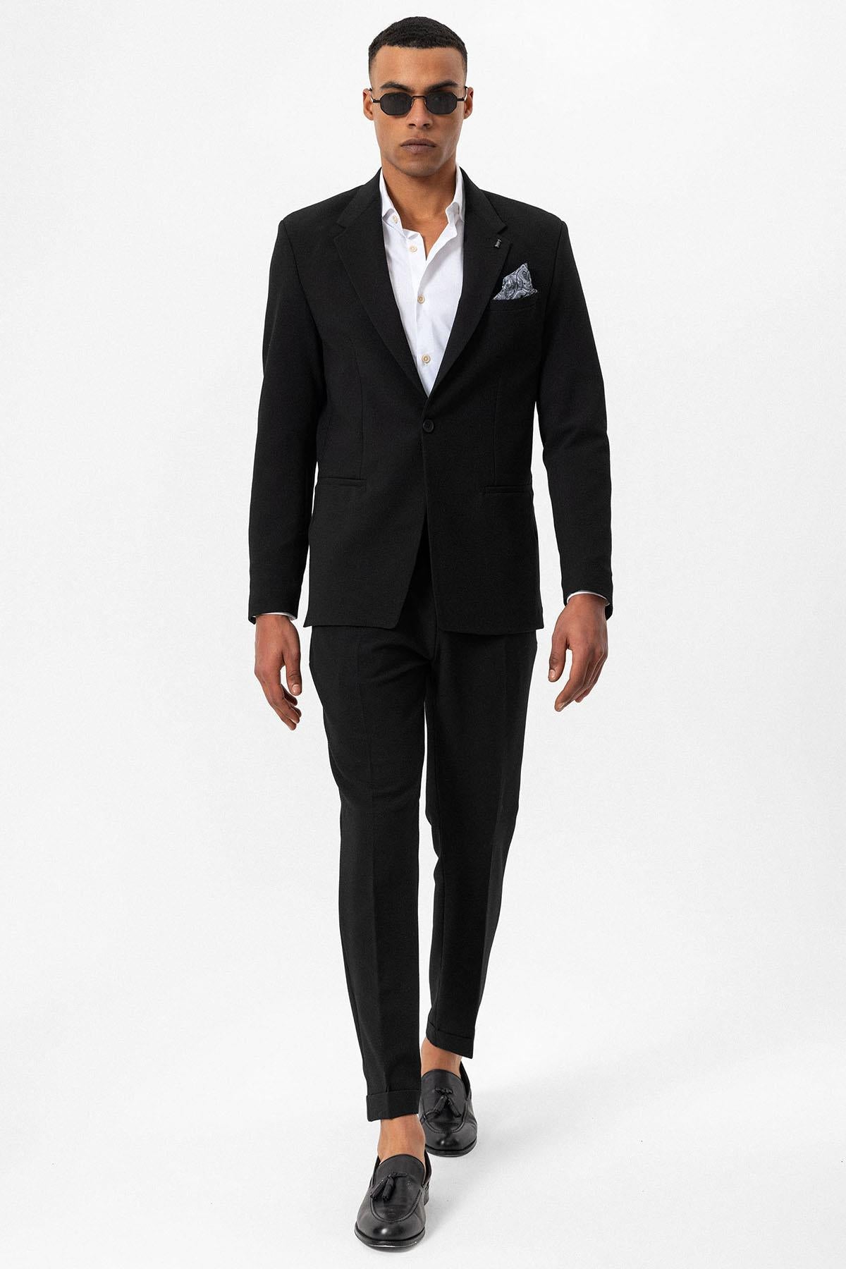 Men's Black Plain Single-Button Blazer