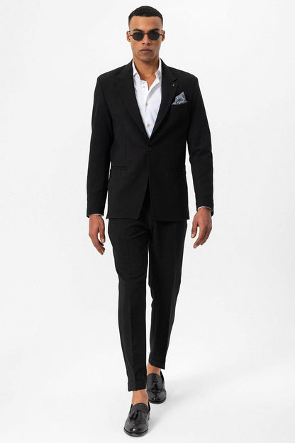 Men's Black Plain Single-Button Blazer