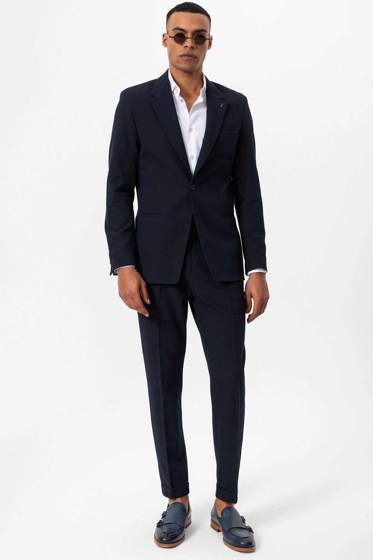 Men's Navy Blue Plain Single-Button Blazer