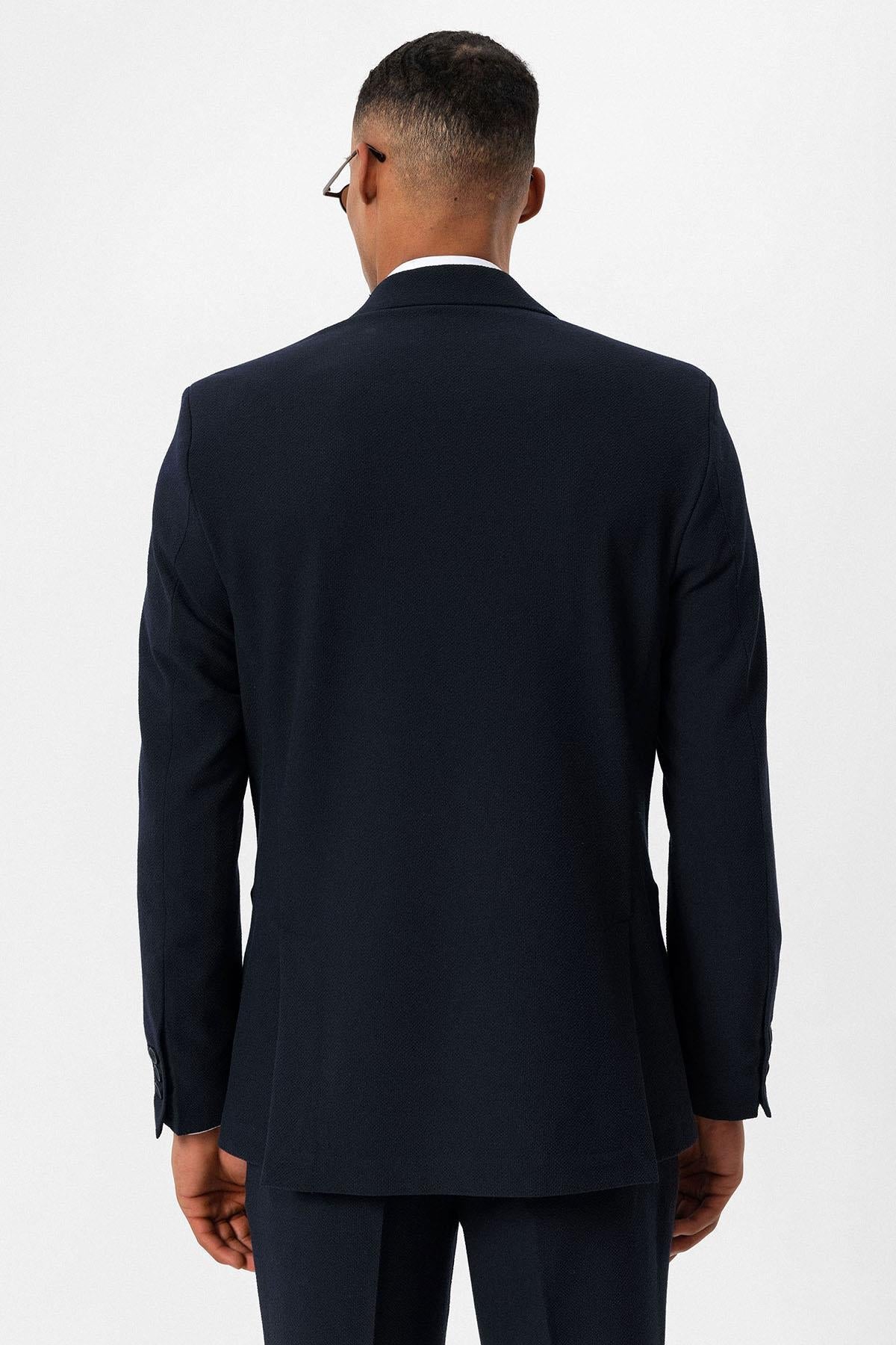 Men's Navy Blue Plain Single-Button Blazer