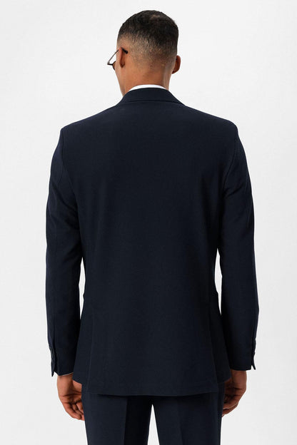Men's Navy Blue Plain Single-Button Blazer