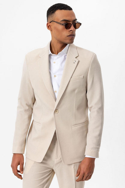Men's Beige Plain Single-Button Blazer