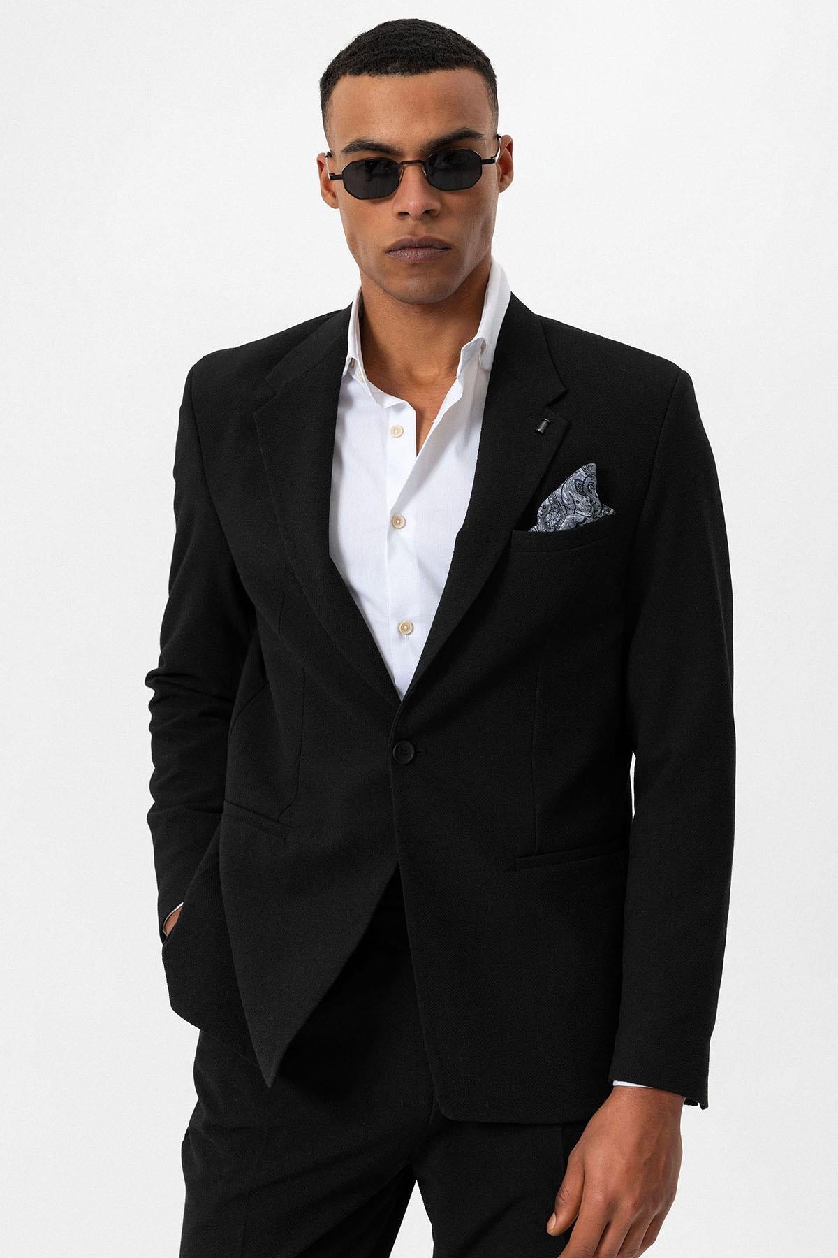 Men's Black Plain Single-Button Blazer