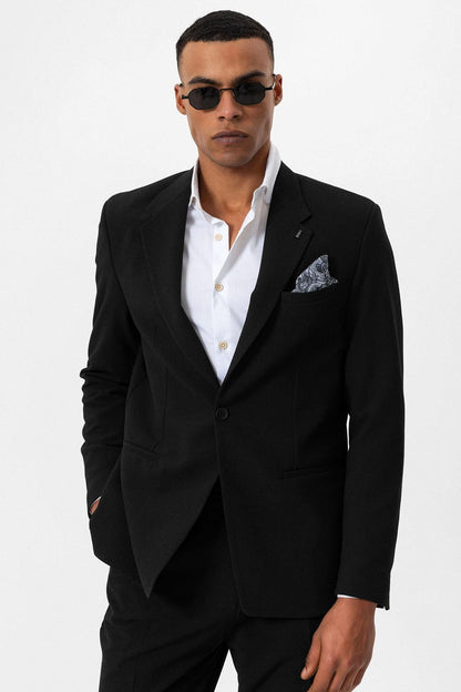 Men's Black Plain Single-Button Blazer