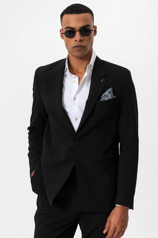 Men's Black Plain Single-Button Blazer
