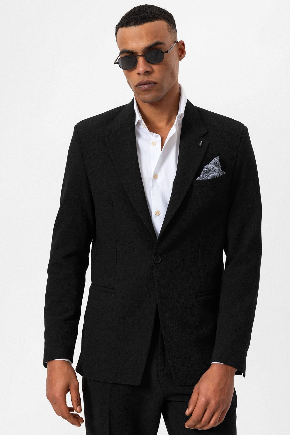KOALA SYDNEY  Men's Black Plain Single-Button Blazer -